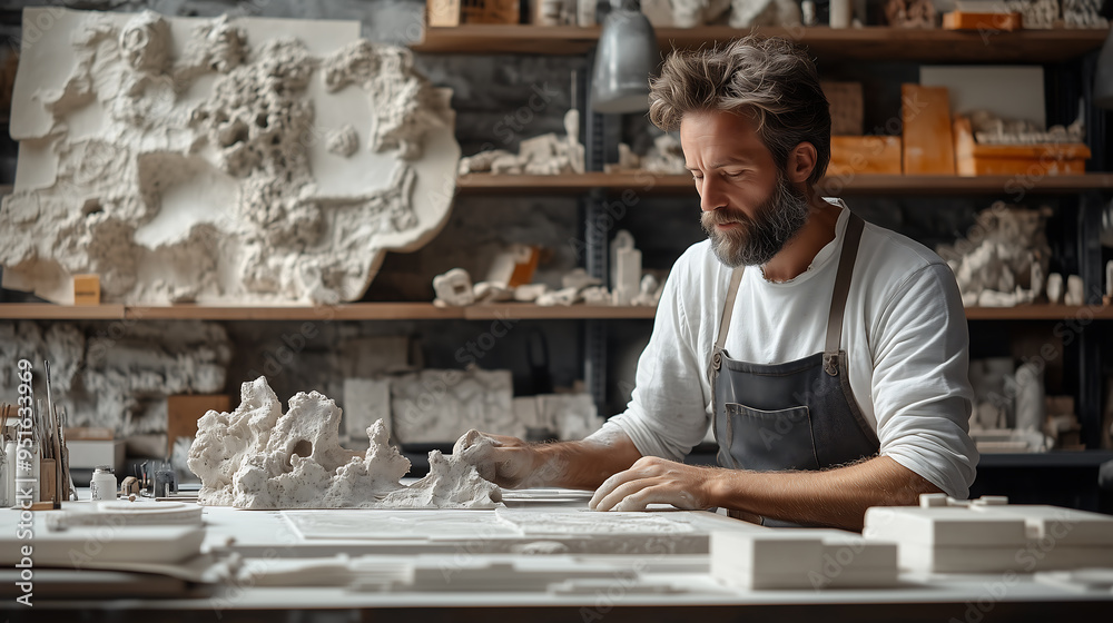 Focused sculptor working in art studio on clay model Focused sculptor working in art studio on clay model