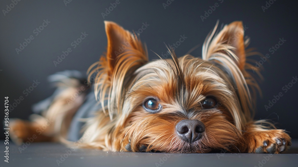A close-up of a Yorkie lying down with its head resting on its paws, looking relaxed and content. A close-up of a Yorkie lying down with its head resting on its paws, looking relaxed and content.