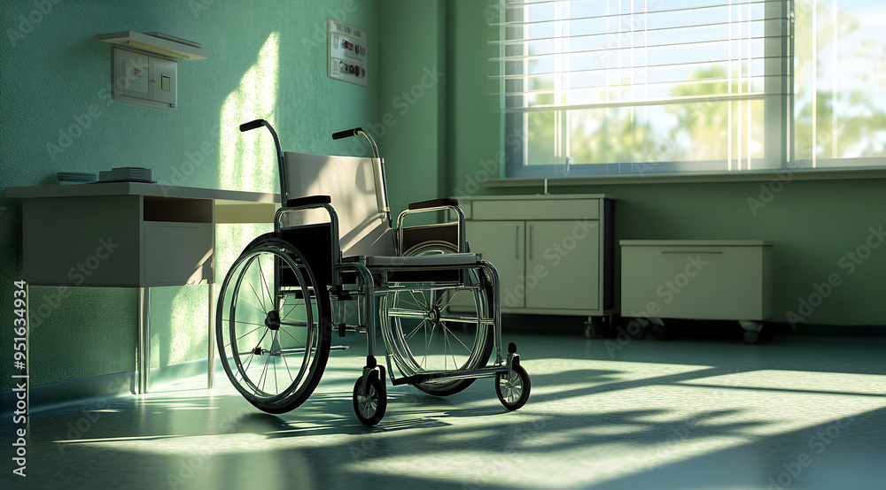 A Wheelchair Sitting in a Hospital Room with Bright Light Coming Through the Windows
A Wheelchair Sitting in a Hospital Room with Bright Light Coming Through the Windows