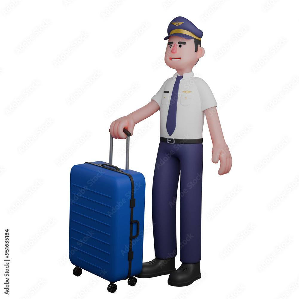 Aerial Commander in 3D. A pilot is standing facing right while his right hand is holding a blue suitcase. Cartoon Pilot Aerial Commander in 3D. A pilot is standing facing right while his right hand is holding a blue suitcase. Cartoon Pilot