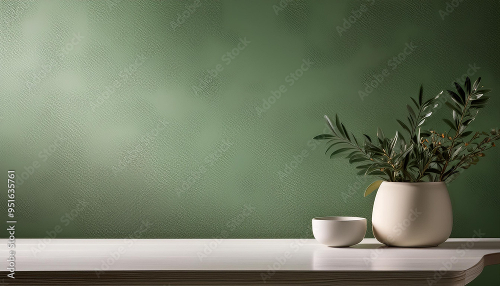 Simple table in front of a sage monochrome textured wall in a minimalist living room.
Simple table in front of a sage monochrome textured wall in a minimalist living room.