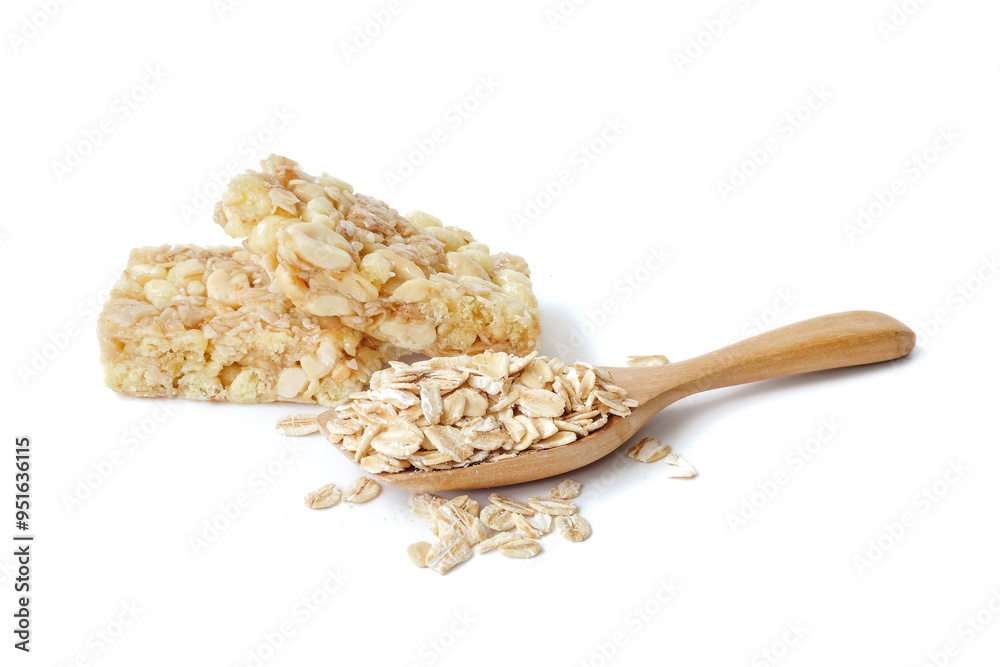 Muesli bar or granola bar with oat flakes isolated on white background.