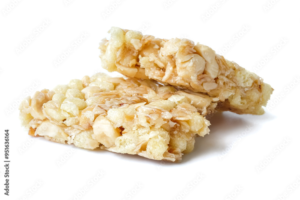 Muesli bar or granola bar isolated on white background.