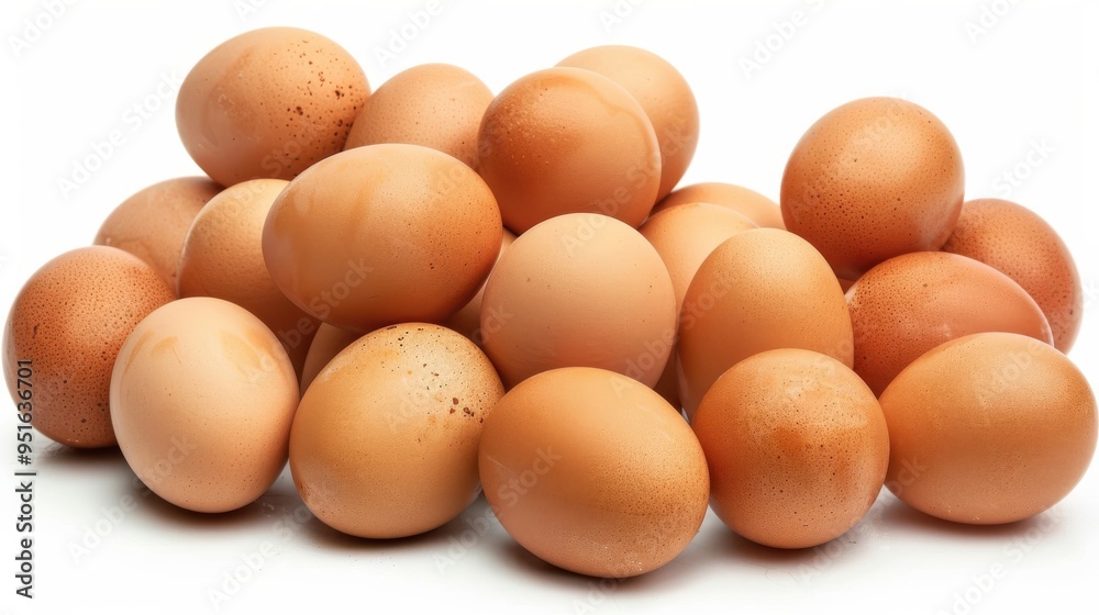 A collection of brown eggs piled on a white surface. A collection of brown eggs piled on a white surface.