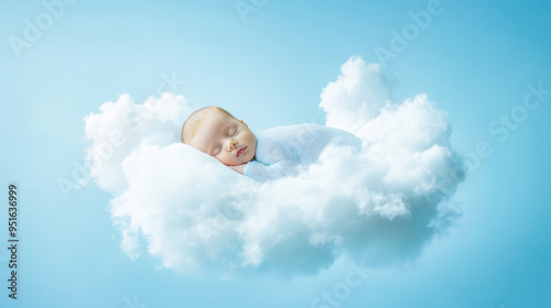 Cute Sleeping Baby Sleeping On A White And Soft Cloud, Studio Photo, A Light Green Background, Baby Floating On A Cloud