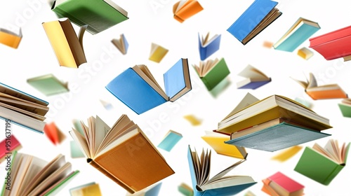 07231249 179. Array of hardcover books appearing to float and tumble through the air on a white background, highlighting their diverse sizes and colors