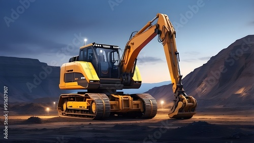 AI Generative Illustration of an excavator in opencast at dusk. A futuristic electric vehicle excavator in an open pit. Grab bucket and dig. Future concept: electric excavator used for mining in a qua photo