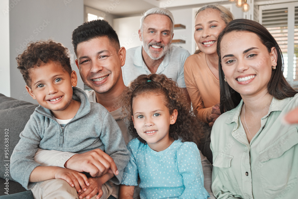 Selfie, portrait and family generations in home for relax, connection and bonding on sofa. Love, happy and children with grandparents and parents for photography picture in living room at house. Selfie, portrait and family generations in home for relax, connection and bonding on sofa. Love, happy and children with grandparents and parents for photography picture in living room at house.