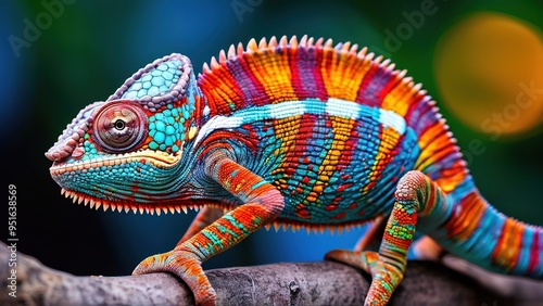 A vibrant, colorful chameleon with blue, red, orange, and yellow scales perched on a branch.