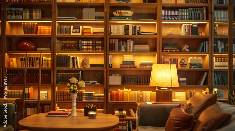 07231249 182. Detailed view of a wooden bookshelf stocked with books of different genres and sizes, with soft lamp light creating a welcoming glow in a cafe 07231249 182. Detailed view of a wooden bookshelf stocked with books of different genres and sizes, with soft lamp light creating a welcoming glow in a cafe