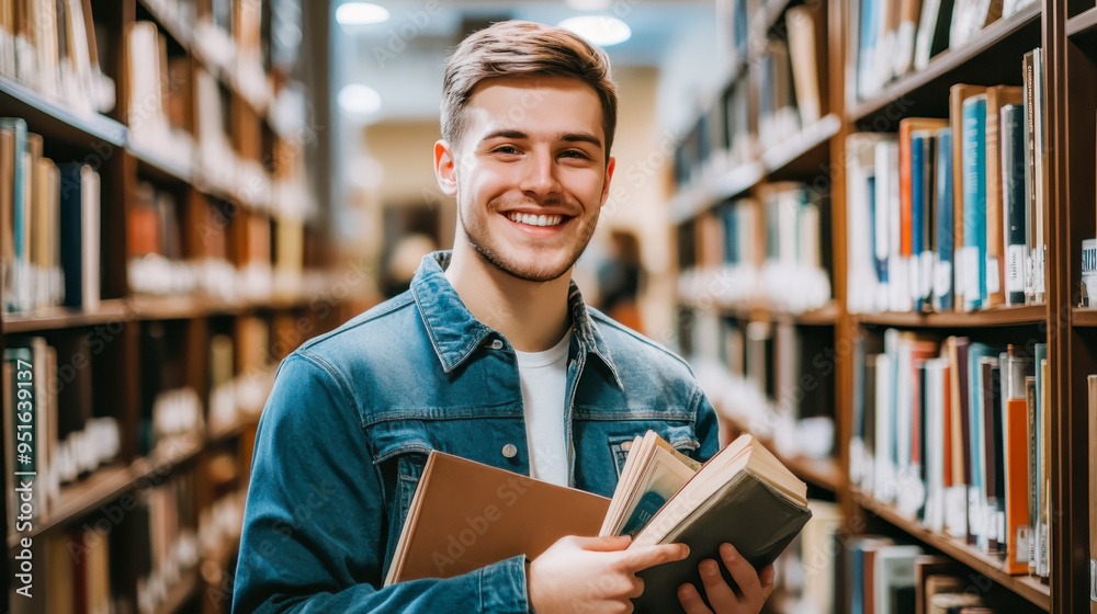 Smiling student guy posing in campus library. Higher institution learner, education, knowledge concept. Smiling student guy posing in campus library. Higher institution learner, education, knowledge concept.