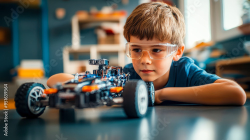 Wallpaper Mural Boy building a robot car during stem class Torontodigital.ca