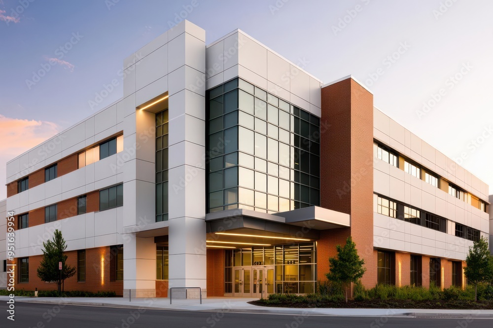 Fototapeta premium Sleek, glass-fronted modern hospital facade with clean lines, integrated lighting, and a welcoming entrance, showcasing contemporary healthcare architecture