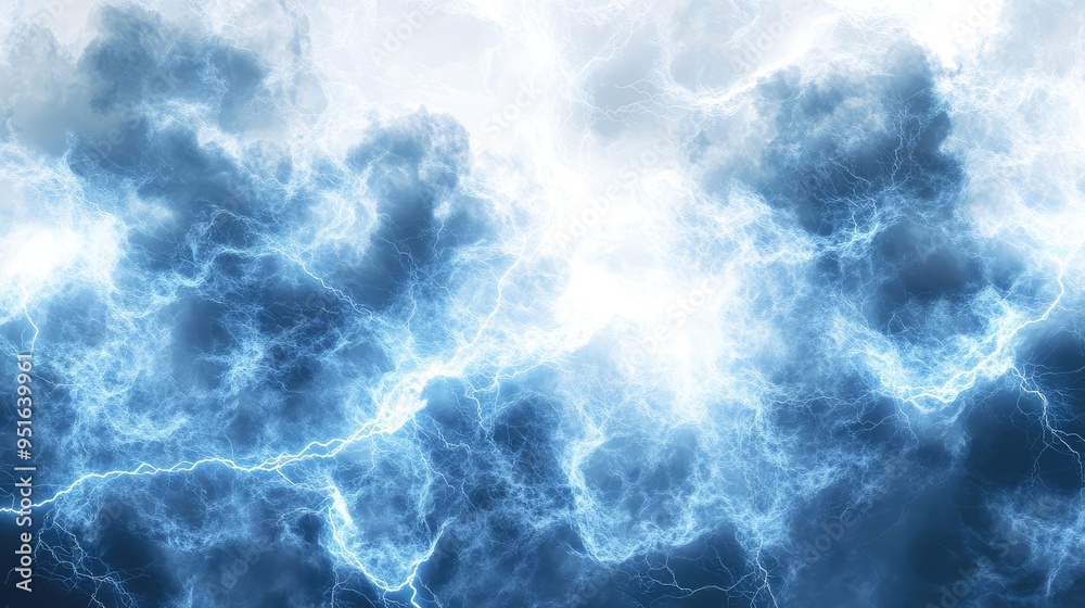 High-detail image of storm clouds crackling with blue lightning, contrasted against a stark white background.