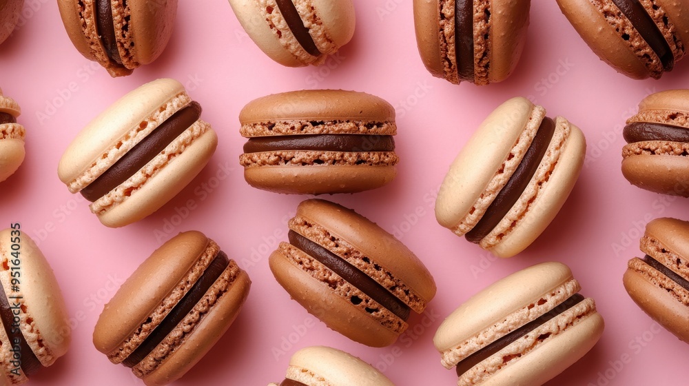 Chocolate and vanilla macaroons on pink background,French macaron cookies baked pattern,french macaroons,Paris Pastry,bakery and branding concept,Delicious french desserts,copy space. Chocolate and vanilla macaroons on pink background,French macaron cookies baked pattern,french macaroons,Paris Pastry,bakery and branding concept,Delicious french desserts,copy space.