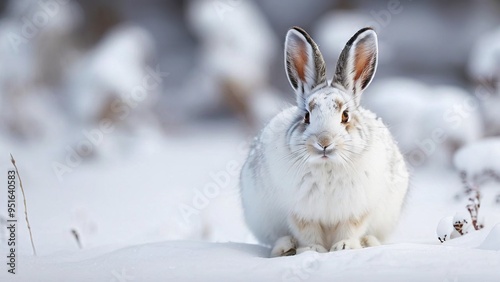 A white rabbit with brown ears sits in the snow, looking directly at the camera.