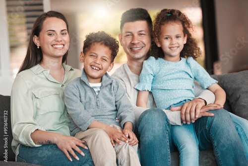 Parents, happy children and hug in home portrait, family connection and together for bonding. Mother and father, embrace kids and love in Argentina, support and care for relationship security on sofa