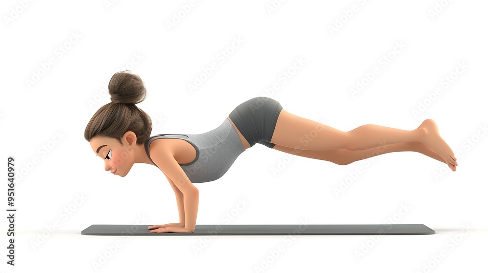 Serene 3D Cartoon Woman Mastering Yoga Crow Pose with Focus on White Background Serene 3D Cartoon Woman Mastering Yoga Crow Pose with Focus on White Background
