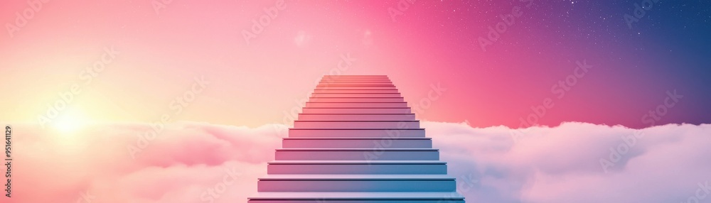 Obraz premium A serene staircase leads to a colorful sky, symbolizing aspiration and transcendence through clouds at sunrise.