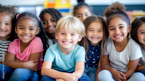 Kindergarten, kids and face with smile on floor for education, knowledge and learning at academy. Students, friends and happy with diversity in school for child development, scholarship and bonding