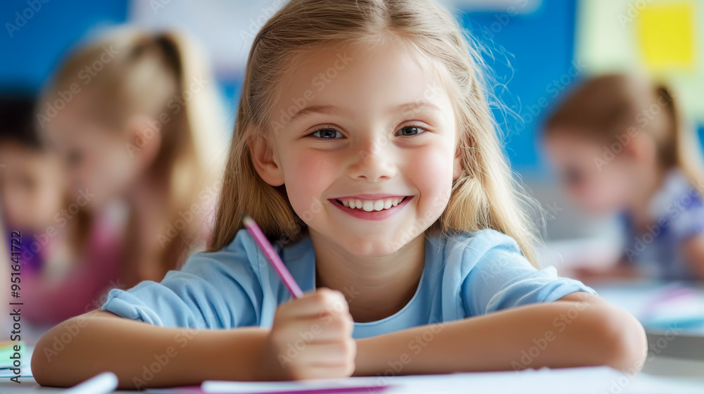 Kindergarten, kids and face with smile on floor for education, knowledge and learning at academy. Students, friends and happy with diversity in school for child development, scholarship and bonding