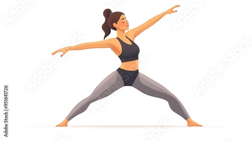 Serene 3D Cartoon Woman in Yoga Standing Side Stretch Pose, Black Sports Bra and Grey Leggings, Peaceful Expression, White Background