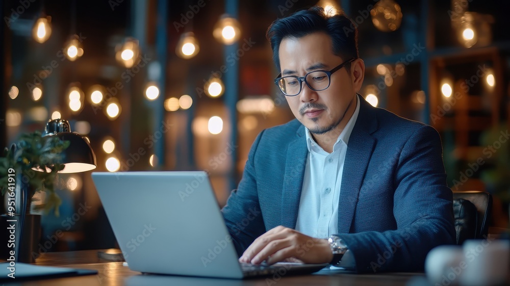 An Asian man typing on a laptop in a sophisticated, modern office with sleek furniture and soft lighting.