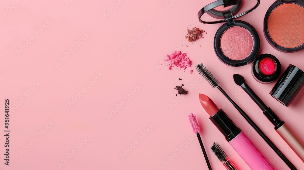 Pink Blush Makeup Products Flatlay Background Pink Blush Makeup Products Flatlay Background