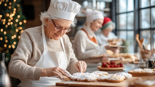 Old people participating in a charity fundraiser, preparing baked goods and crafts with a focus on community and sharing.