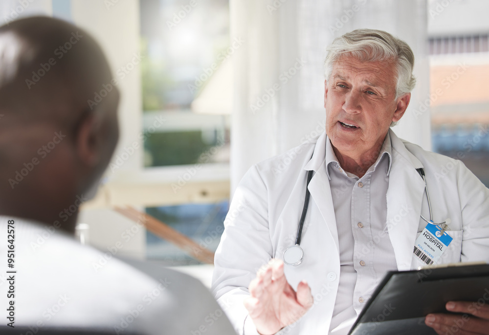 Man, doctor and patient in healthcare consultation, appointment or diagnosis for prescription at hospital. Mature specialist, talk and medical worker result discussion for insurance or clinic advice Man, doctor and patient in healthcare consultation, appointment or diagnosis for prescription at hospital. Mature specialist, talk and medical worker result discussion for insurance or clinic advice