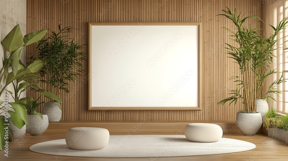Modern interior featuring a blank canvas, cozy seating, and lush greenery, perfect for artistic inspiration and relaxation. Modern interior featuring a blank canvas, cozy seating, and lush greenery, perfect for artistic inspiration and relaxation.