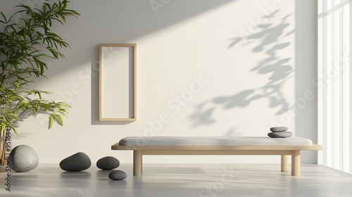 Minimalist interior showcasing a tranquil space with natural elements, perfect for relaxation and mindfulness practices.