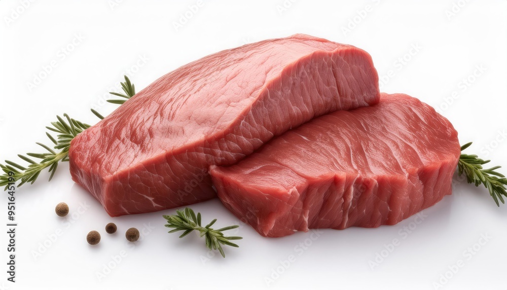 Raw Beef Steaks with Rosemary and Peppercorns on white background Raw Beef Steaks with Rosemary and Peppercorns on white background