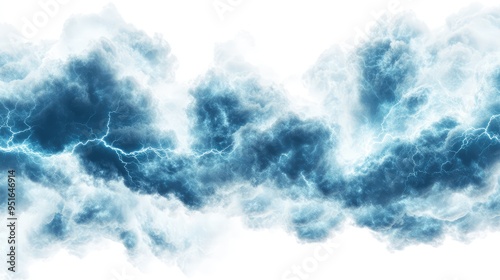 Realistic storm clouds with vivid blue lightning bolts, captured in high detail against a stark white background.