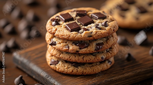 A stack of chocolate chip cookies with melting chocolate chunks, placed on a rustic wooden board, surrounded by scattered chocolate chips Low-angle shot with copy space