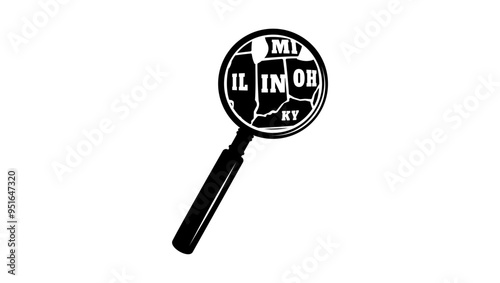 INDIANA state map in magnifying glass, black isolated silhouette