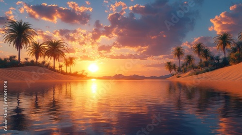 Serene sunset over a tranquil river with palm trees.