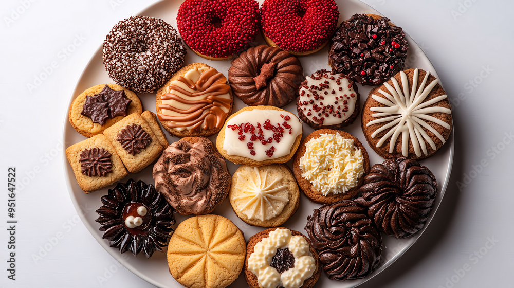 A variety of holiday-themed cookies arranged in a circle on a white plate, isolated on a white background perfect for seasonal promotions A variety of holiday-themed cookies arranged in a circle on a white plate, isolated on a white background perfect for seasonal promotions