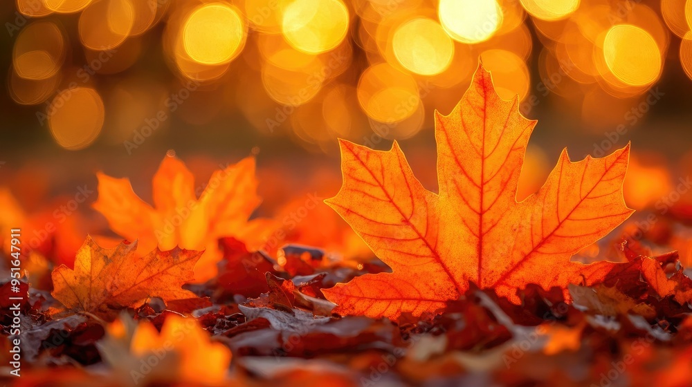Orange maple leaves on the ground with a bokeh effect defocused background Orange maple leaves on the ground with a bokeh effect defocused background