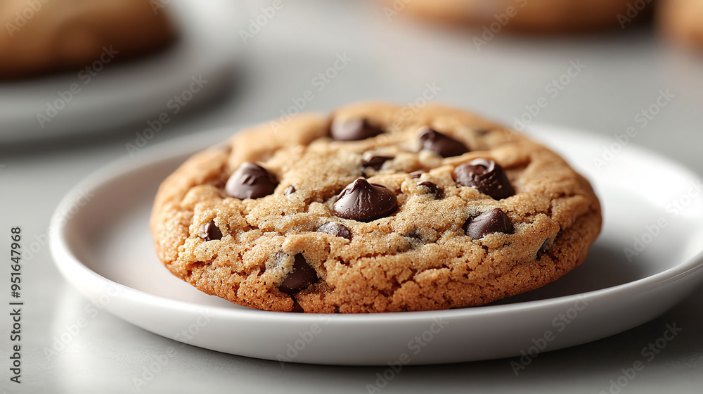 Close-up of a single chocolate chip cookie on a white plate, isolated on a white background Soft shadows create depth, perfect for bakery promotions Close-up of a single chocolate chip cookie on a white plate, isolated on a white background Soft shadows create depth, perfect for bakery promotions