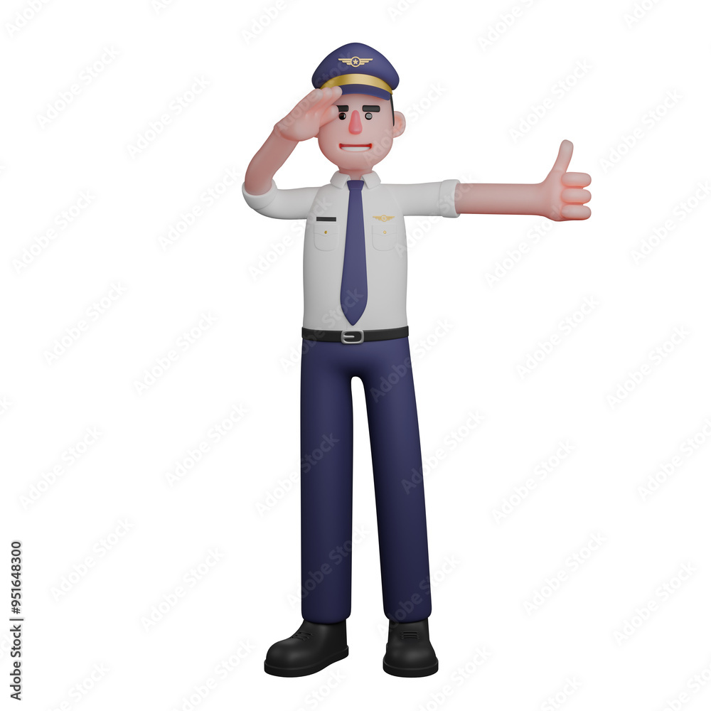 Male Pilot in Action. A pilot stands with his right hand saluting while his left hand gives a thumbs up. 3D Aviation Scene Male Pilot in Action. A pilot stands with his right hand saluting while his left hand gives a thumbs up. 3D Aviation Scene