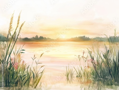 Watercolor Sunset Landscape with Grass and Lake Reflections.