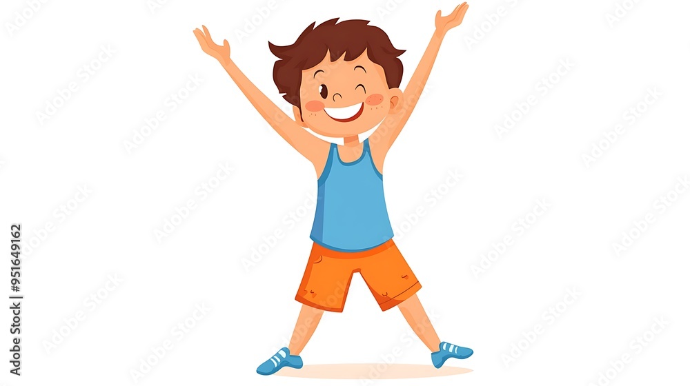 Happy Boy Clip Art in Orange Shorts and Blue Tank Top Stretching Arms on White Background