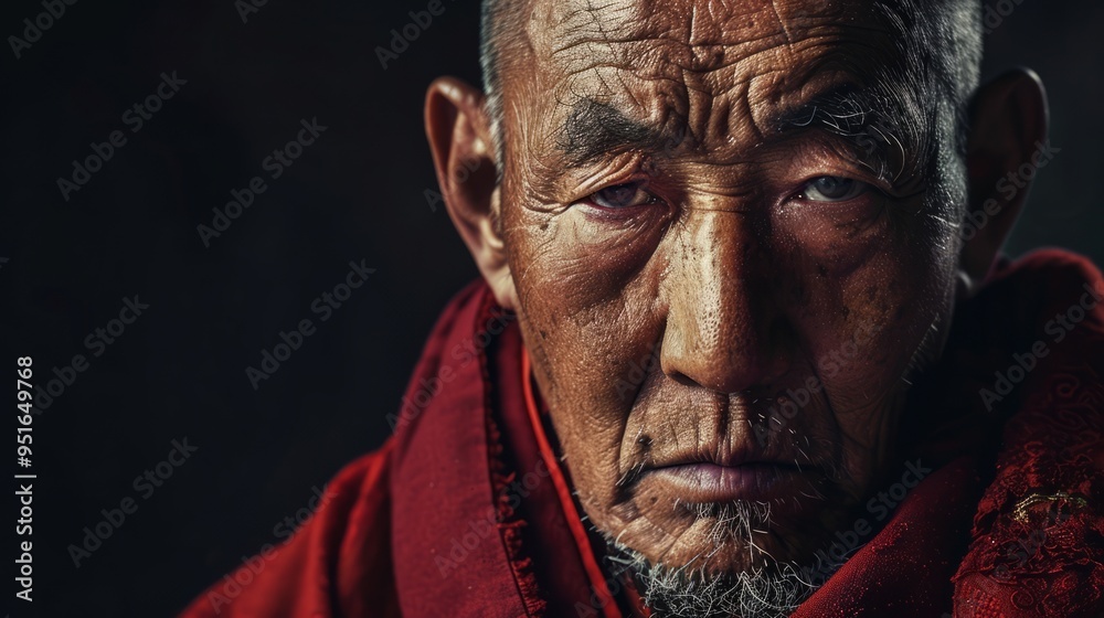 A man with a beard and wrinkles on his face is wearing a red scarf A man with a beard and wrinkles on his face is wearing a red scarf