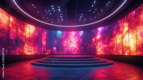 Futuristic Stage with Neon Lights and Galaxy Backdrop.