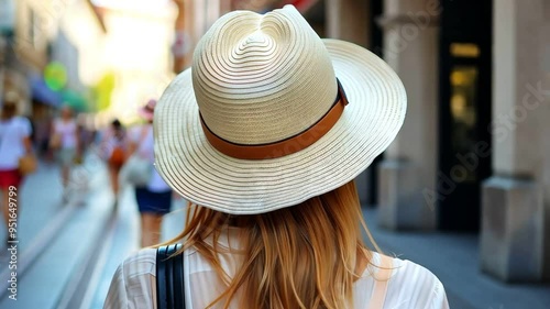 Woman wearing a white hat walks down a bustling street, tourist on summer day, Travel concept photo