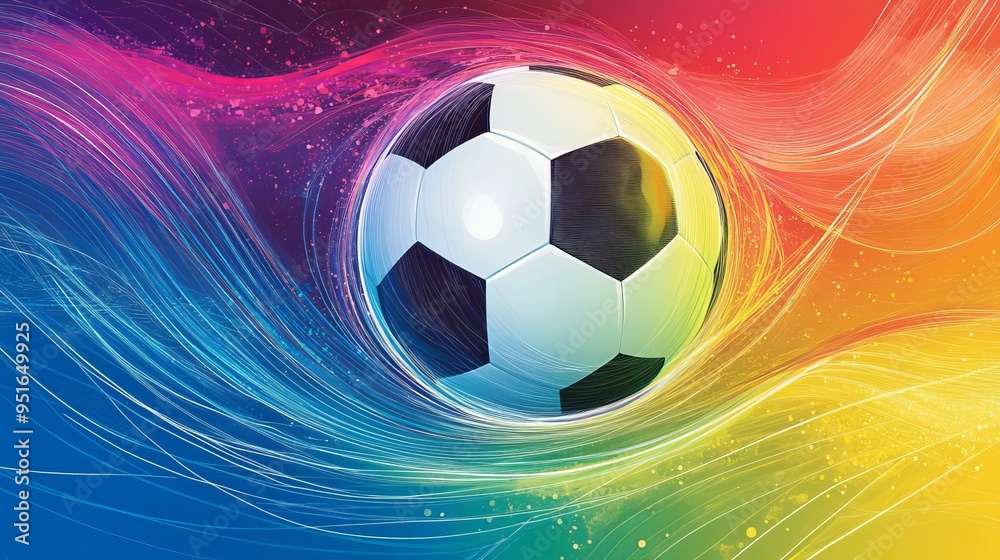 Naklejka premium Colorful soccer ball in motion against a vibrant rainbow background