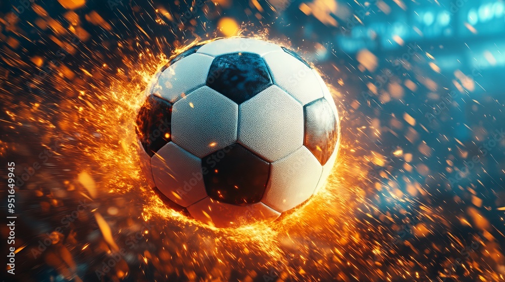 Fototapeta premium A soccer ball ignites with flames during an intense match at night