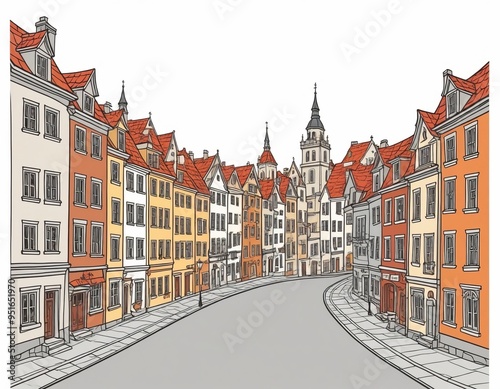 a drawing of a street with buildings and a clock tower.