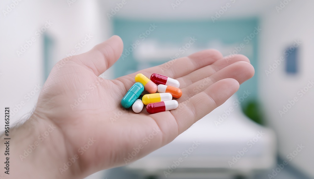 A hand holding colorful capsules with a hospital background, symbolizing health and medication. A hand holding colorful capsules with a hospital background, symbolizing health and medication.